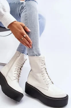 Outlet Boto Damskie Lakierowane Botki Na Grubej Podeszwie Białe Movana