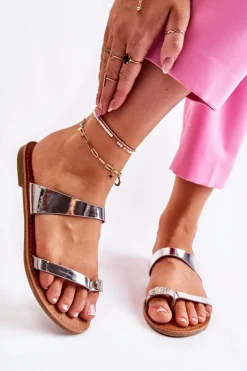 Boto Damskie Lakierowane Klapki Japonki Srebrne Jimena