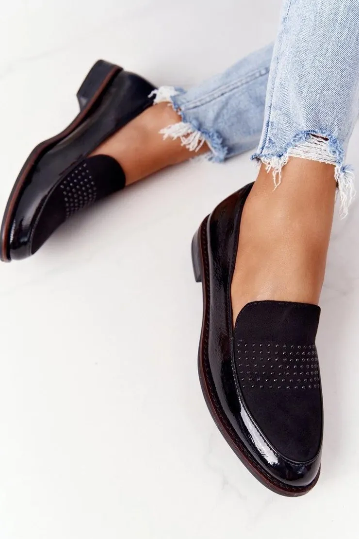 New Buty Sergio Leone Damskie Lakierowane Mokasyny Sergio Leone PB254 Czarne