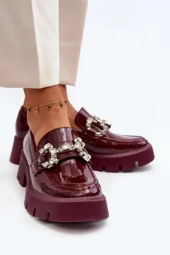 Boto Damskie Lakierowane Mokasyny Z Ozdobą Bordowe Arsaba