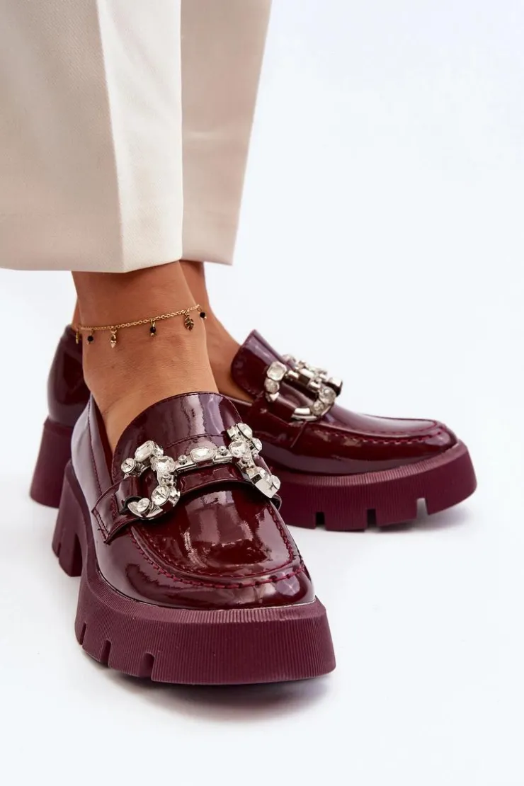Boto Damskie Lakierowane Mokasyny Z Ozdobą Bordowe Arsaba