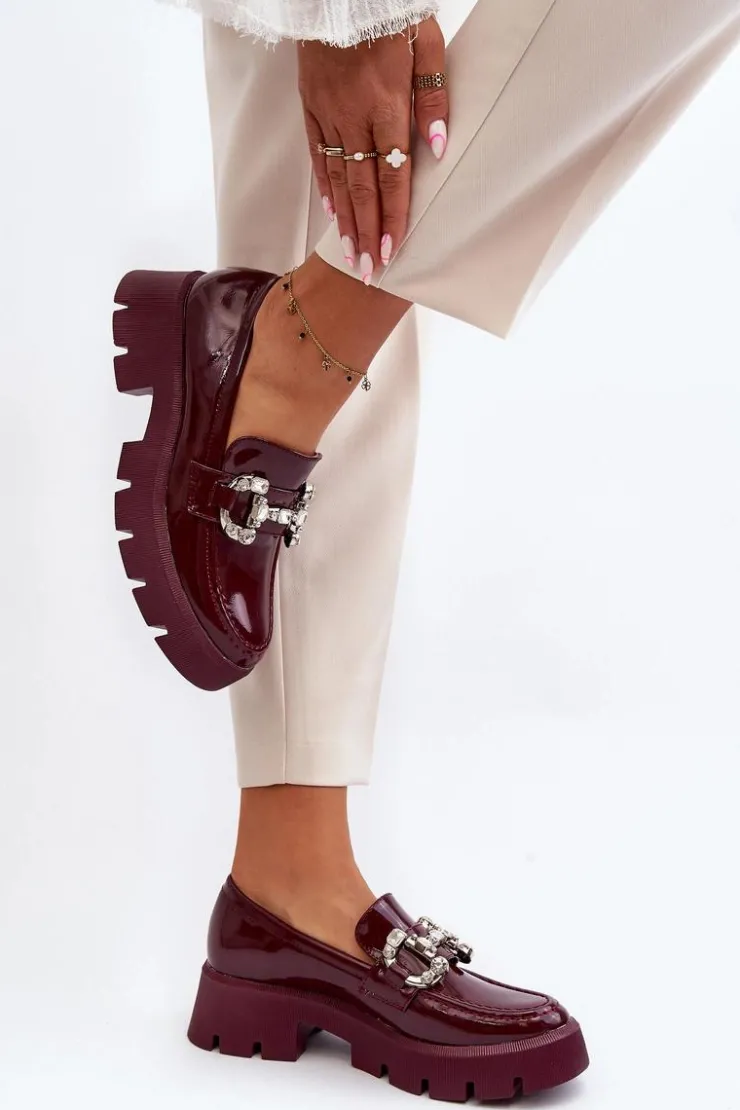 Boto Damskie Lakierowane Mokasyny Z Ozdobą Bordowe Arsaba