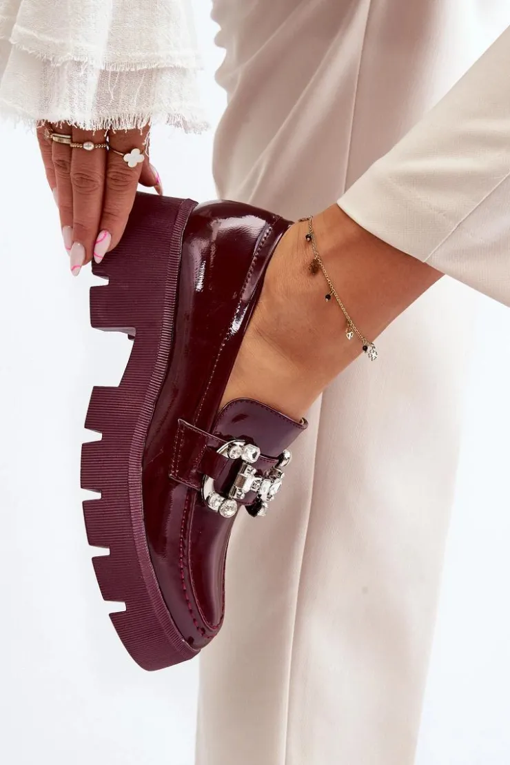 Boto Damskie Lakierowane Mokasyny Z Ozdobą Bordowe Arsaba