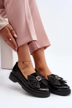 Laura Messi Loafersy Damskie|Mokasyny Płaskie*Damskie Lakierowane Mokasyny Z Kokardą 2786 Czarne