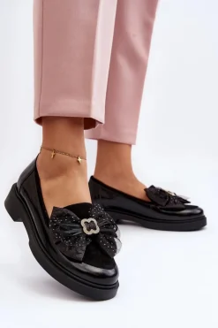 Laura Messi Loafersy Damskie|Mokasyny Płaskie*Damskie Lakierowane Mokasyny Z Kokardą 2786 Czarne