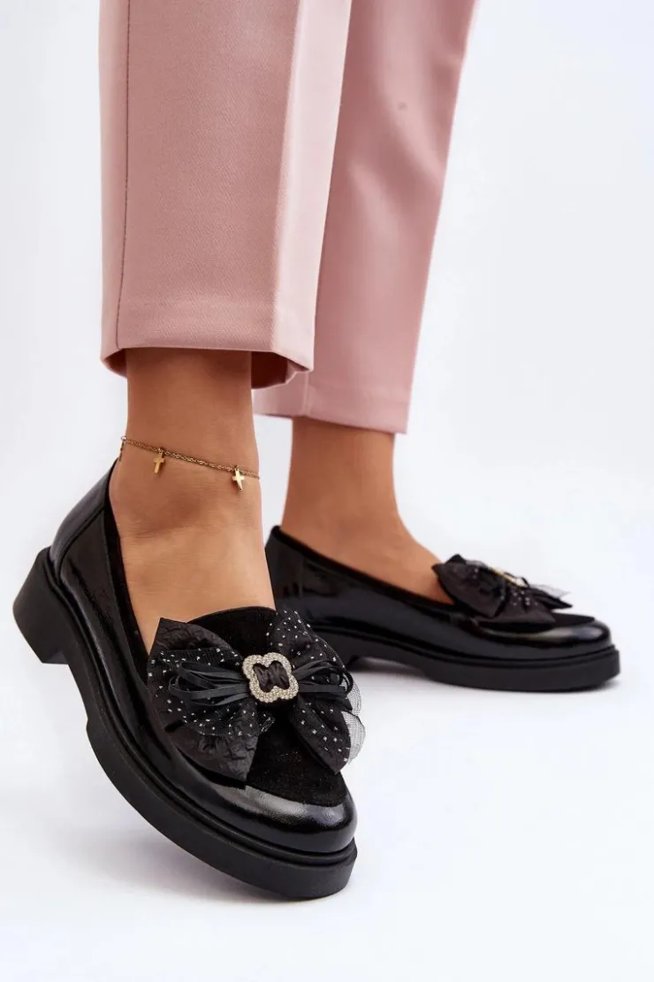 Laura Messi Loafersy Damskie|Mokasyny Płaskie*Damskie Lakierowane Mokasyny Z Kokardą 2786 Czarne