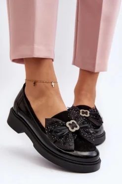 Laura Messi Loafersy Damskie|Mokasyny Płaskie*Damskie Lakierowane Mokasyny Z Kokardą 2786 Czarne