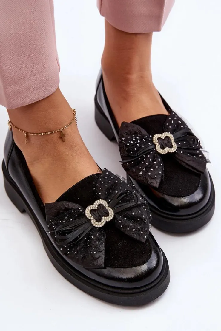 Laura Messi Loafersy Damskie|Mokasyny Płaskie*Damskie Lakierowane Mokasyny Z Kokardą 2786 Czarne
