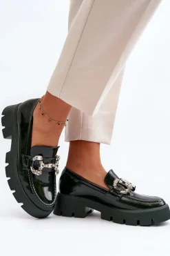 Damskie Boto Damskie Lakierowane Mokasyny Z Ozdobą Ciemnozielone Arsaba