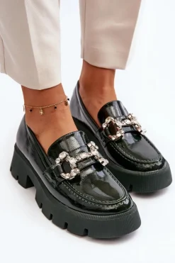 Damskie Boto Damskie Lakierowane Mokasyny Z Ozdobą Ciemnozielone Arsaba