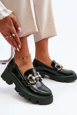 Damskie Boto Damskie Lakierowane Mokasyny Z Ozdobą Ciemnozielone Arsaba