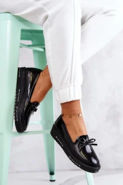 Buty damskie Vinceza Mokasyny Damskie Lakierowane*Damskie Lakierowane Mokasyny Na Koturnie Czarne Frilly