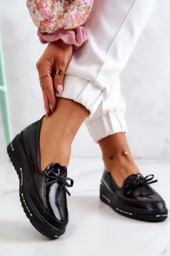 Buty damskie Vinceza Mokasyny Damskie Lakierowane*Damskie Lakierowane Mokasyny Na Koturnie Czarne Frilly