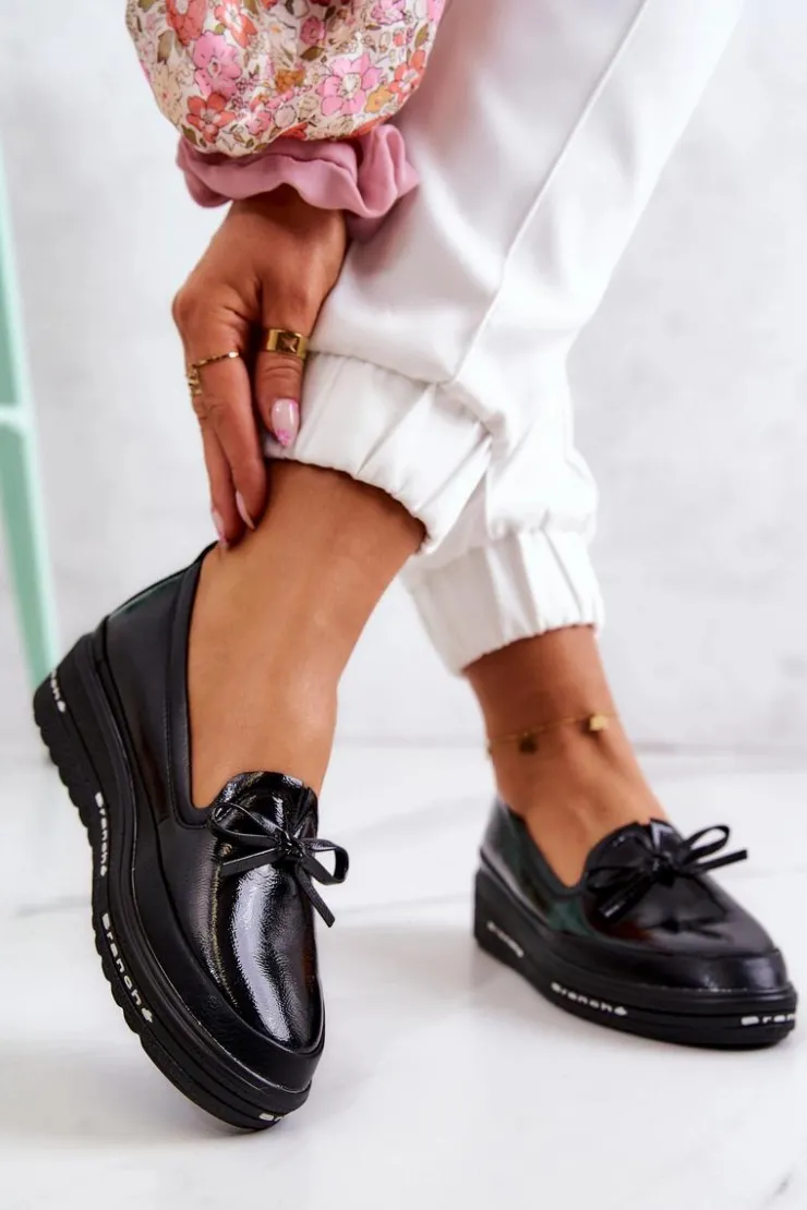 Buty damskie Vinceza Mokasyny Damskie Lakierowane*Damskie Lakierowane Mokasyny Na Koturnie Czarne Frilly