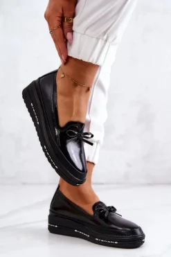 Buty damskie Vinceza Mokasyny Damskie Lakierowane*Damskie Lakierowane Mokasyny Na Koturnie Czarne Frilly