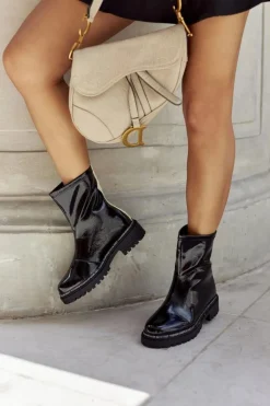 New Damskie buty S.Barski Damskie Lakierowane Ocieplane Botki Czarne Merellien