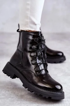 Damskie Boto Damskie Lakierowane Ocieplane Botki Ze Ściągaczem Czarne Helia