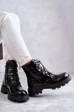 Damskie Boto Damskie Lakierowane Ocieplane Botki Ze Ściągaczem Czarne Helia