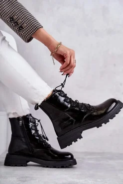 Damskie Boto Damskie Lakierowane Ocieplane Botki Ze Ściągaczem Czarne Helia