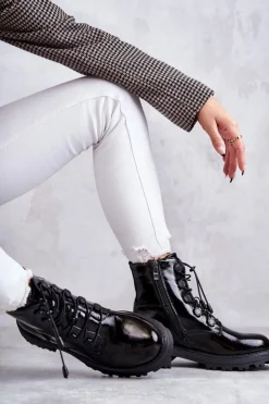 Damskie Boto Damskie Lakierowane Ocieplane Botki Ze Ściągaczem Czarne Helia