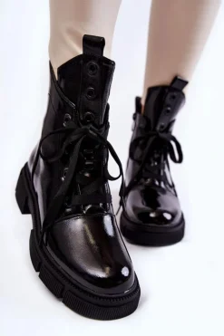 Damskie buty S.Barski Botki Sznurowane|Czarne Botki*Damskie Lakierowane Ocieplane Botki Workery Czarne Efemia