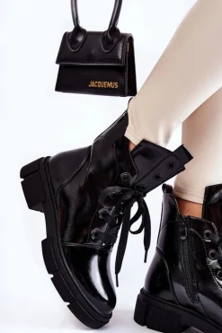 Damskie buty S.Barski Botki Sznurowane|Czarne Botki*Damskie Lakierowane Ocieplane Botki Workery Czarne Efemia