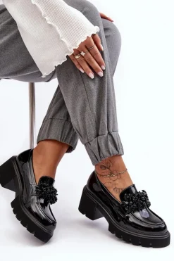 Boto Mokasyny Damskie Lakierowane*Damskie Lakierowane Półbuty Z Ozdobą Czarne Renesma