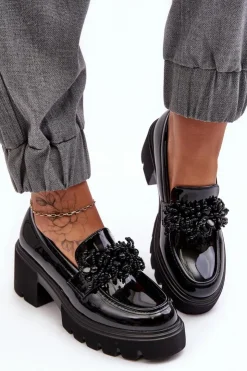 Boto Mokasyny Damskie Lakierowane*Damskie Lakierowane Półbuty Z Ozdobą Czarne Renesma