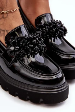 Boto Mokasyny Damskie Lakierowane*Damskie Lakierowane Półbuty Z Ozdobą Czarne Renesma