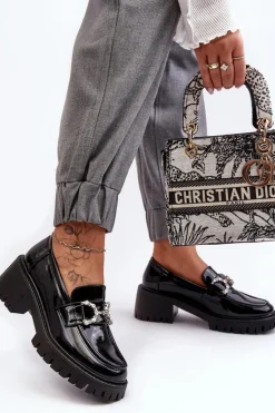 Outlet Boto Damskie Lakierowane Półbuty Na Masywnym Obcasie Czarne Lemmitty