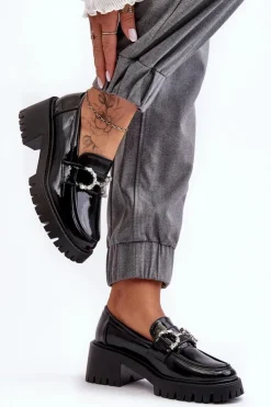 Outlet Boto Damskie Lakierowane Półbuty Na Masywnym Obcasie Czarne Lemmitty