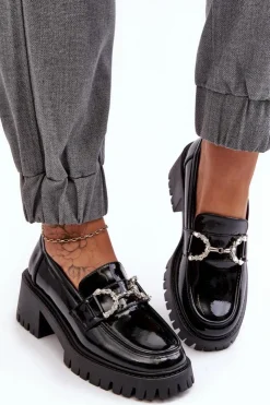 Outlet Boto Damskie Lakierowane Półbuty Na Masywnym Obcasie Czarne Lemmitty