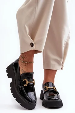 Boto Mokasyny Damskie Lakierowane*Damskie Lakierowane Półbuty Loafery Z Ozdobą Czarne Peuria