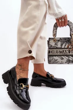 Boto Mokasyny Damskie Lakierowane*Damskie Lakierowane Półbuty Loafery Z Ozdobą Czarne Peuria