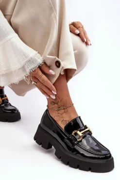 Boto Mokasyny Damskie Lakierowane*Damskie Lakierowane Półbuty Loafery Z Ozdobą Czarne Peuria