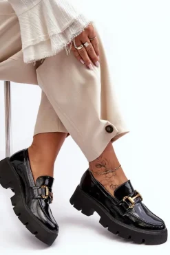 Boto Mokasyny Damskie Lakierowane*Damskie Lakierowane Półbuty Loafery Z Ozdobą Czarne Peuria