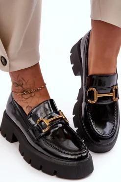 Boto Mokasyny Damskie Lakierowane*Damskie Lakierowane Półbuty Loafery Z Ozdobą Czarne Peuria