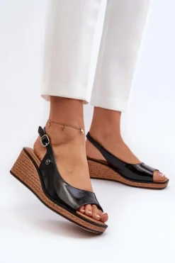 Damskie Buty Sergio Leone Damskie Lakierowane Sandały Na Koturnie Sergio Leone SK301 Czarne