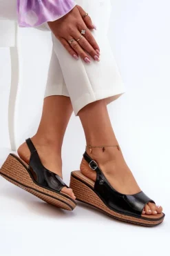 Damskie Buty Sergio Leone Damskie Lakierowane Sandały Na Koturnie Sergio Leone SK301 Czarne