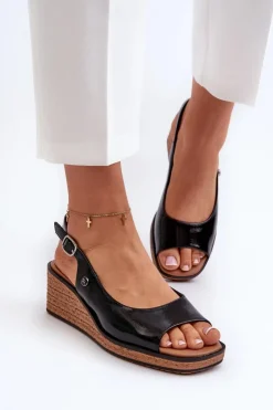 Damskie Buty Sergio Leone Damskie Lakierowane Sandały Na Koturnie Sergio Leone SK301 Czarne