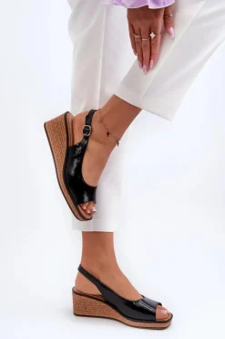 Damskie Buty Sergio Leone Damskie Lakierowane Sandały Na Koturnie Sergio Leone SK301 Czarne