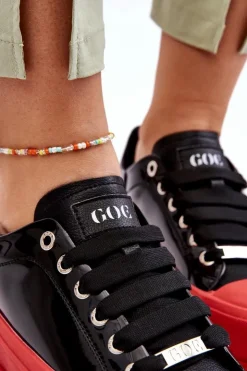 GOE Trampki Damskie Niskie|Sneakersy Damskie*Damskie Lakierowane Trampki Na Platformie LL2N4021 Czarno-Czerwone