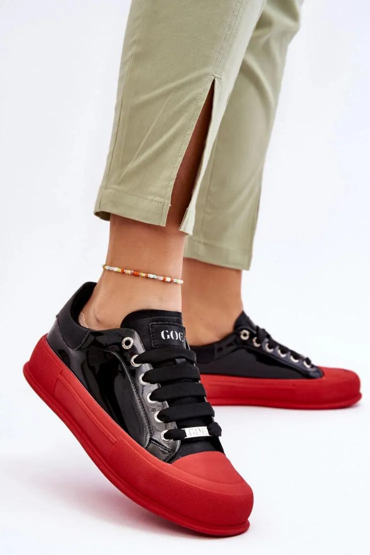 GOE Trampki Damskie Niskie|Sneakersy Damskie*Damskie Lakierowane Trampki Na Platformie LL2N4021 Czarno-Czerwone