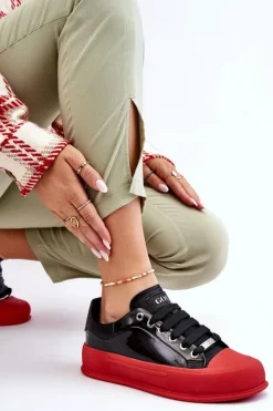 GOE Trampki Damskie Niskie|Sneakersy Damskie*Damskie Lakierowane Trampki Na Platformie LL2N4021 Czarno-Czerwone