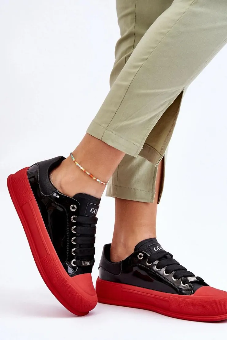 GOE Trampki Damskie Niskie|Sneakersy Damskie*Damskie Lakierowane Trampki Na Platformie LL2N4021 Czarno-Czerwone