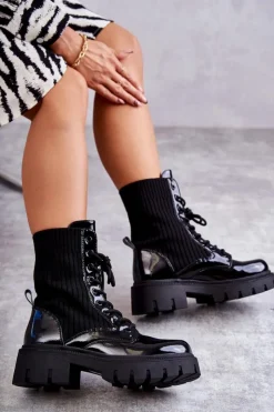 Boto Damskie Lakierowane Workery Botki Ze Skarpetą Czarne Abigail