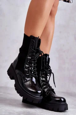 Boto Damskie Lakierowane Workery Botki Ze Skarpetą Czarne Abigail