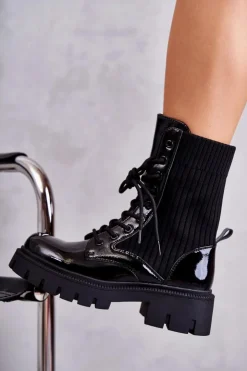 Boto Damskie Lakierowane Workery Botki Ze Skarpetą Czarne Abigail
