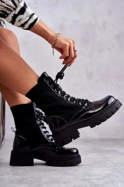 Boto Damskie Lakierowane Workery Botki Ze Skarpetą Czarne Abigail