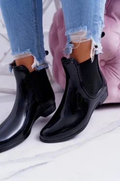 New Boto Damskie Lakierowane Wsuwane Czarne Kalosze Pola